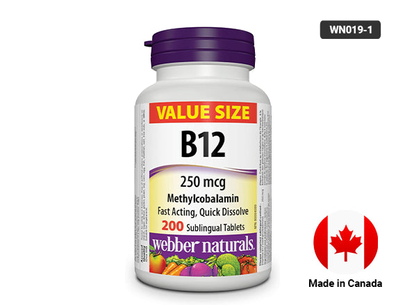 Webber Naturals Vitamin B12 Methylcobalamin 200 Sublingual 250 mcg is a vitamin supplement that helps boost energy production, health of the nervous system and the number of red blood cells.